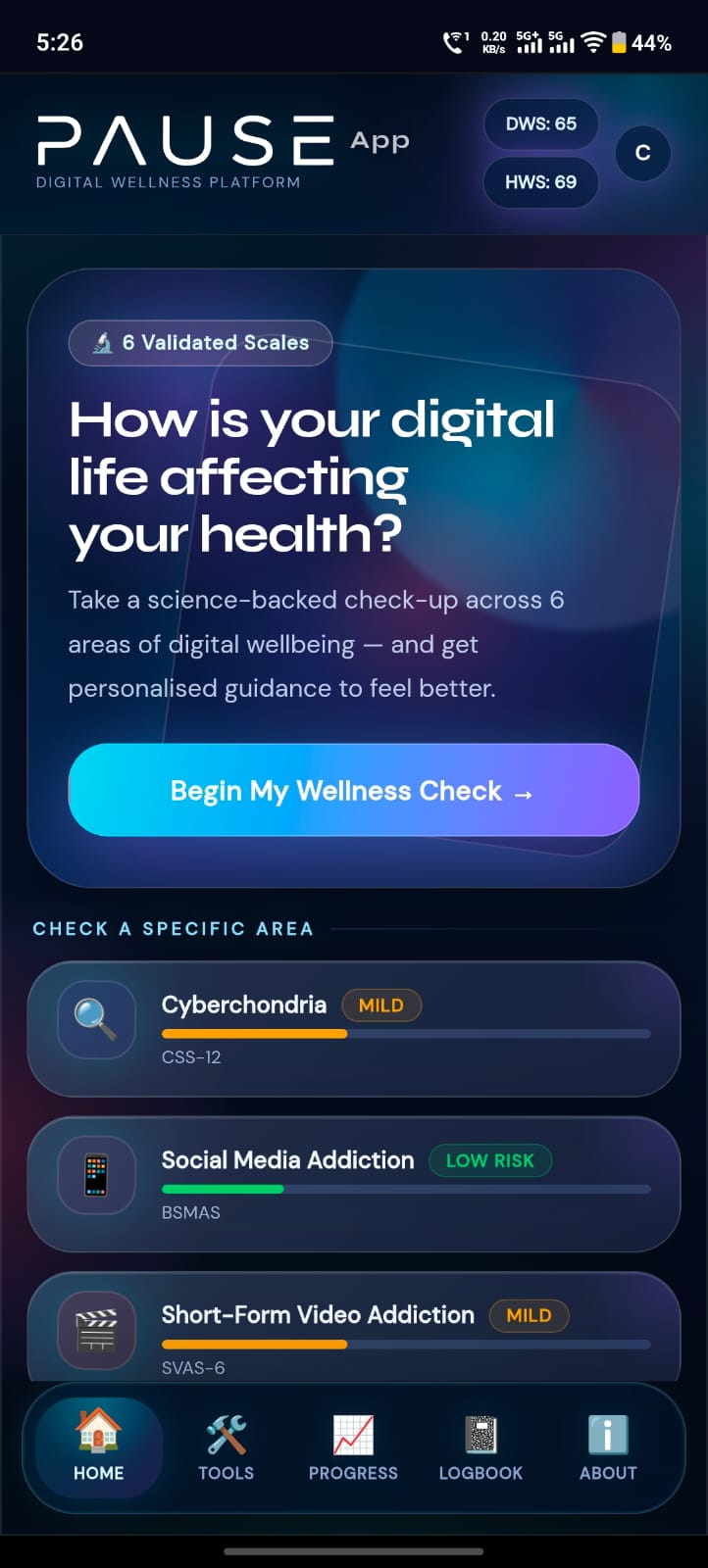 PAUSE App home screen with Begin My Wellness Check call-to-action and Check a Specific Area preview