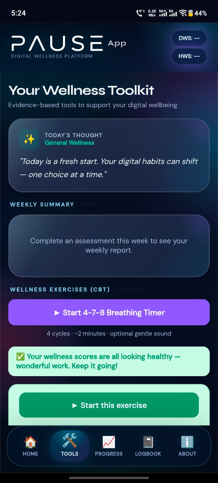 PAUSE App Tools screen — Wellness Toolkit, Today's Thought, Weekly Summary, 4-7-8 Breathing Timer