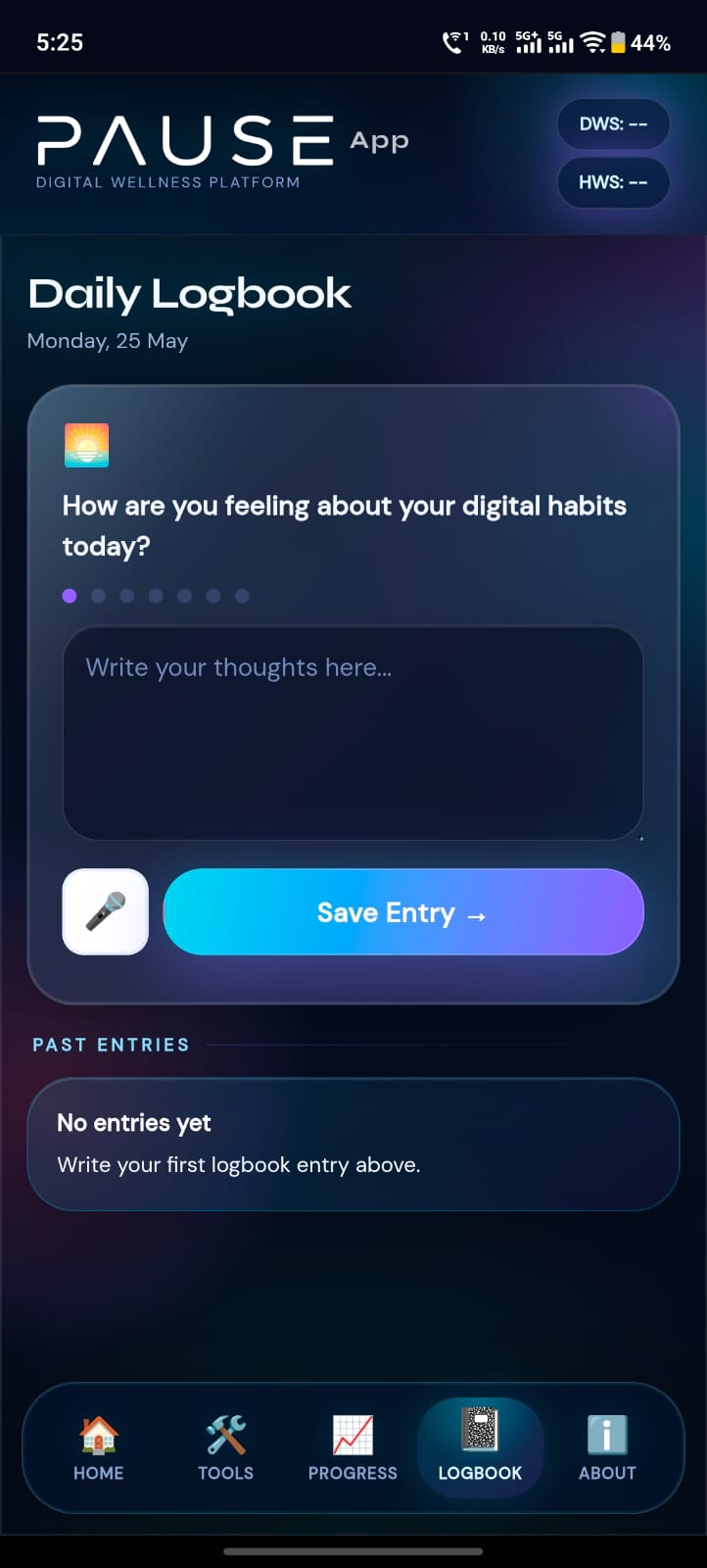 PAUSE App Daily Logbook with reflection prompts and voice-to-text entry