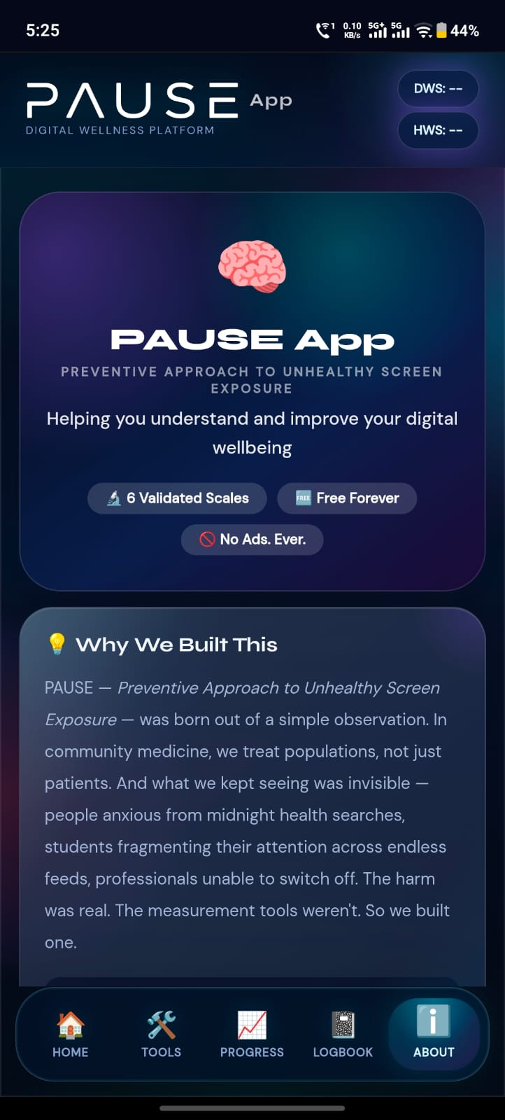 PAUSE App About page with origin story, validated scales, and Why We Built This