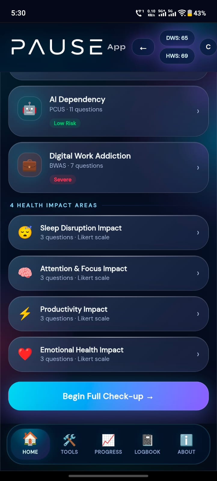 PAUSE App home scrolled down — AI Dependency and Digital Work Addiction severity, plus the 4 Health Impact Areas section and Begin Full Check-up button