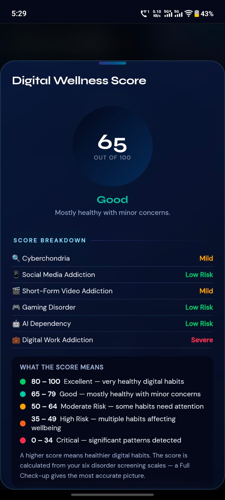 PAUSE App Digital Wellness Score results screen showing 65 out of 100 (Good) with score breakdown across all six areas and band interpretations